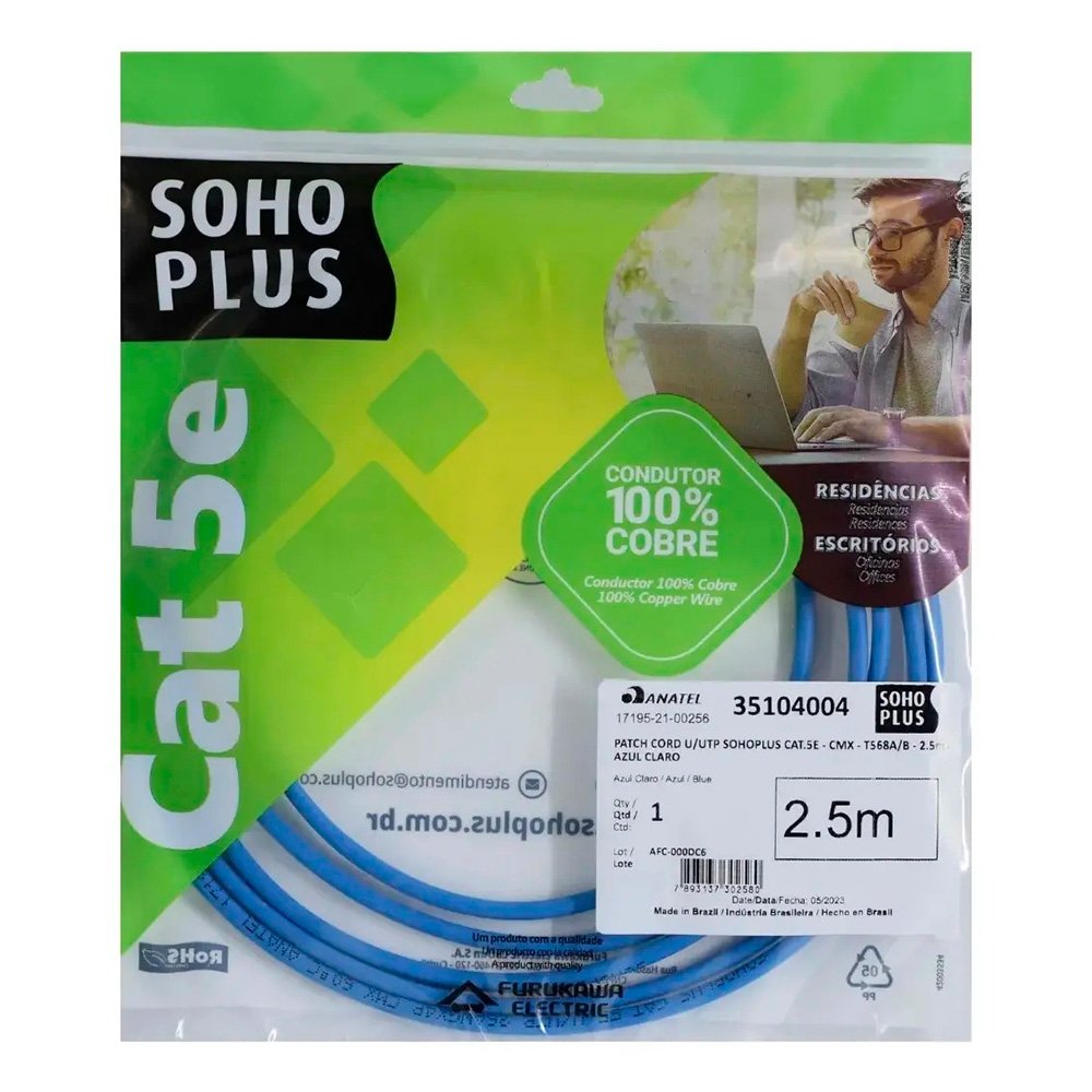 Patch Cord CAT.5e Furukawa SohoPlus, 2.5m, Azul , T568A/B - 35104004