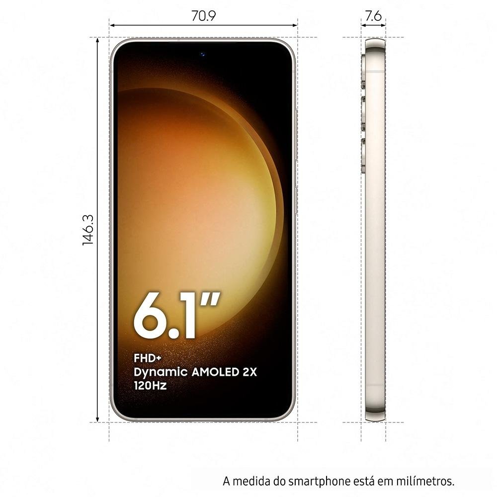 Smartphone Samsung Galaxy S23, 5G, 256GB, 8GB RAM, Octa Core, Câmera Tripla 50MP, Tela Infinita de 6.1, Creme - SM-S911BZESZTO Smartphone Samsung Galaxy S23, 5G, 256GB, 8GB RAM, Octa Core, Câmera Tripla 50MP, Tela Infinita de 6.1, Creme - SM-S911BZESZTO