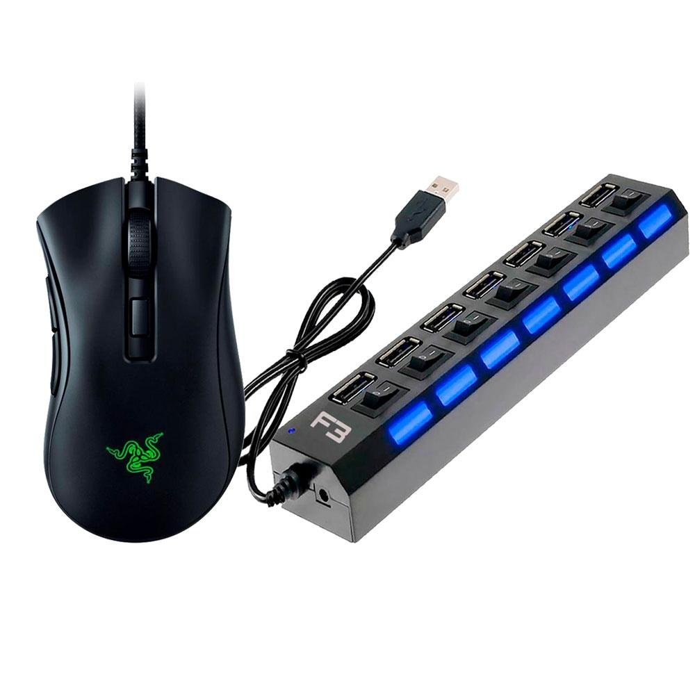 Mouse Gamer Razer Deathadder V2 Mini, Chroma, Optical Switch, 8500DPI - RZ01-03340100-R3U1 + HUB USB 2.0 F3, 7 Portas, Preto - JC-HUB701