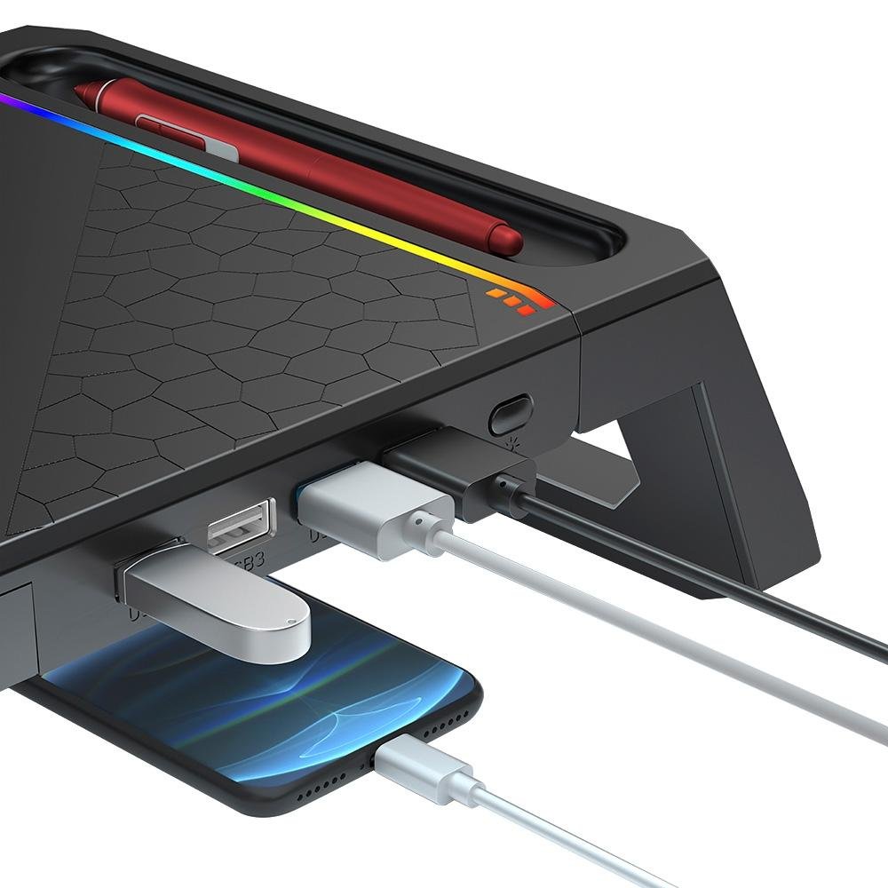 Imagem 3 de 4 do produto Suporte Base para Monitor C3Tech, RGB, Suporta Até 50kg Dobrado e 20kg Aberto, 1 Saída USB 3.0 e 3 Saídas USB 2.0, Preto - BM-L100BK