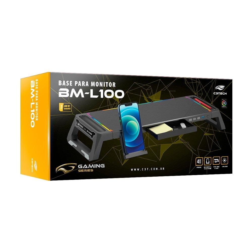 Imagem 4 de 4 do produto Suporte Base para Monitor C3Tech, RGB, Suporta Até 50kg Dobrado e 20kg Aberto, 1 Saída USB 3.0 e 3 Saídas USB 2.0, Preto - BM-L100BK