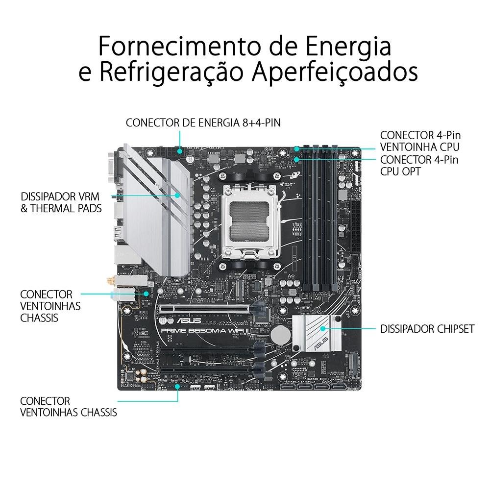 Placa-Mãe ASUS Prime B650M-A WIFI II, AMD AM5, B650, DDR5, mATX, WiFi, Preto - 90MB1EG0-M0EAY0 Placa-Mãe ASUS Prime B650M-A WIFI II, AMD AM5, B650, DDR5, mATX, WiFi, Preto - 90MB1EG0-M0EAY0