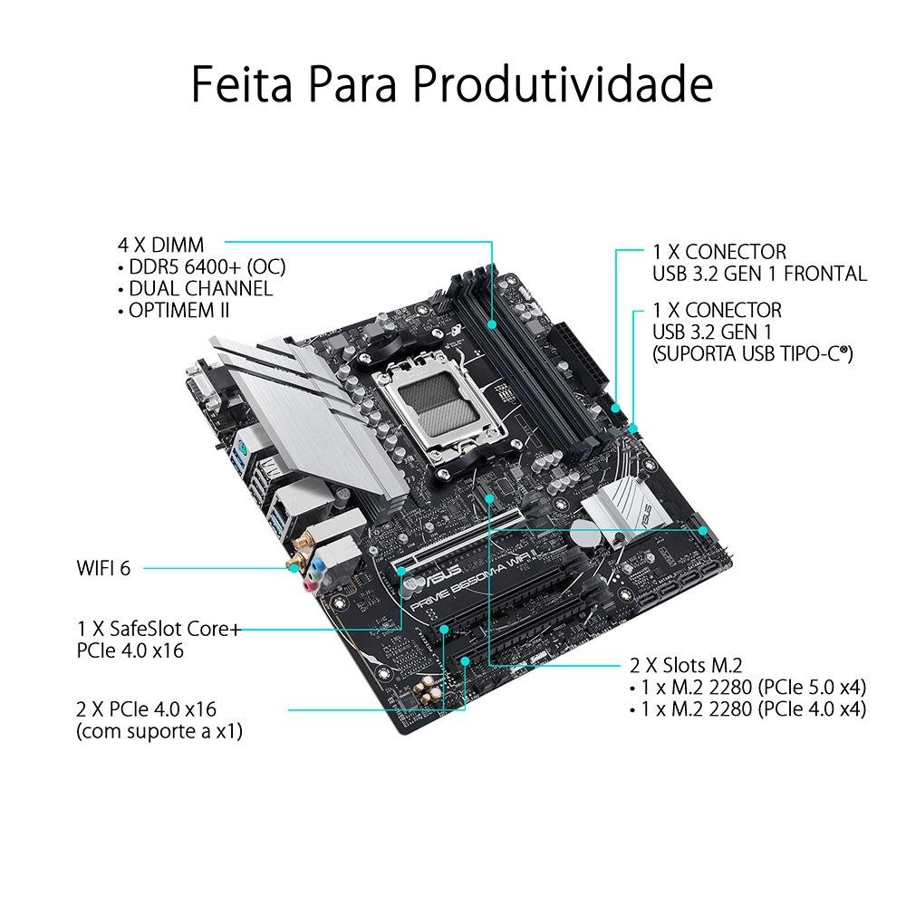 Placa-Mãe ASUS Prime B650M-A WIFI II, AMD AM5, B650, DDR5, mATX, WiFi, Preto - 90MB1EG0-M0EAY0 Placa-Mãe ASUS Prime B650M-A WIFI II, AMD AM5, B650, DDR5, mATX, WiFi, Preto - 90MB1EG0-M0EAY0
