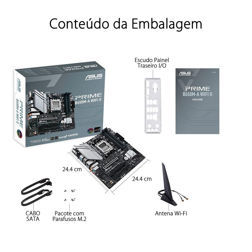 Placa-Mãe ASUS Prime B650M-A WIFI II, AMD AM5, B650, DDR5, mATX, WiFi, Preto - 90MB1EG0-M0EAY0 Placa-Mãe ASUS Prime B650M-A WIFI II, AMD AM5, B650, DDR5, mATX, WiFi, Preto - 90MB1EG0-M0EAY0