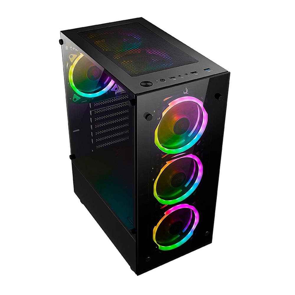 Gabinete Gamer Rise Mode Glass 06x, Mid Tower, ARGB, ATX, Lateral e Frente em Vidro, 6x Fans, Preto - RM-CA-06XB-ARGB Gabinete Gamer Rise Mode Glass 06x, Mid Tower, ARGB, ATX, Lateral e Frente em Vidro, 6x Fans, Preto - RM-CA-06XB-ARGB