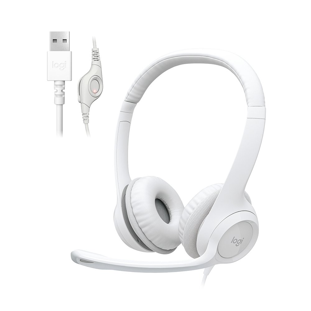 Headset Logitech H390, USB, com Almofadas, Controles de Áudio Integrado, Microfone com Redução de Ruído, Branco - 981-001285
