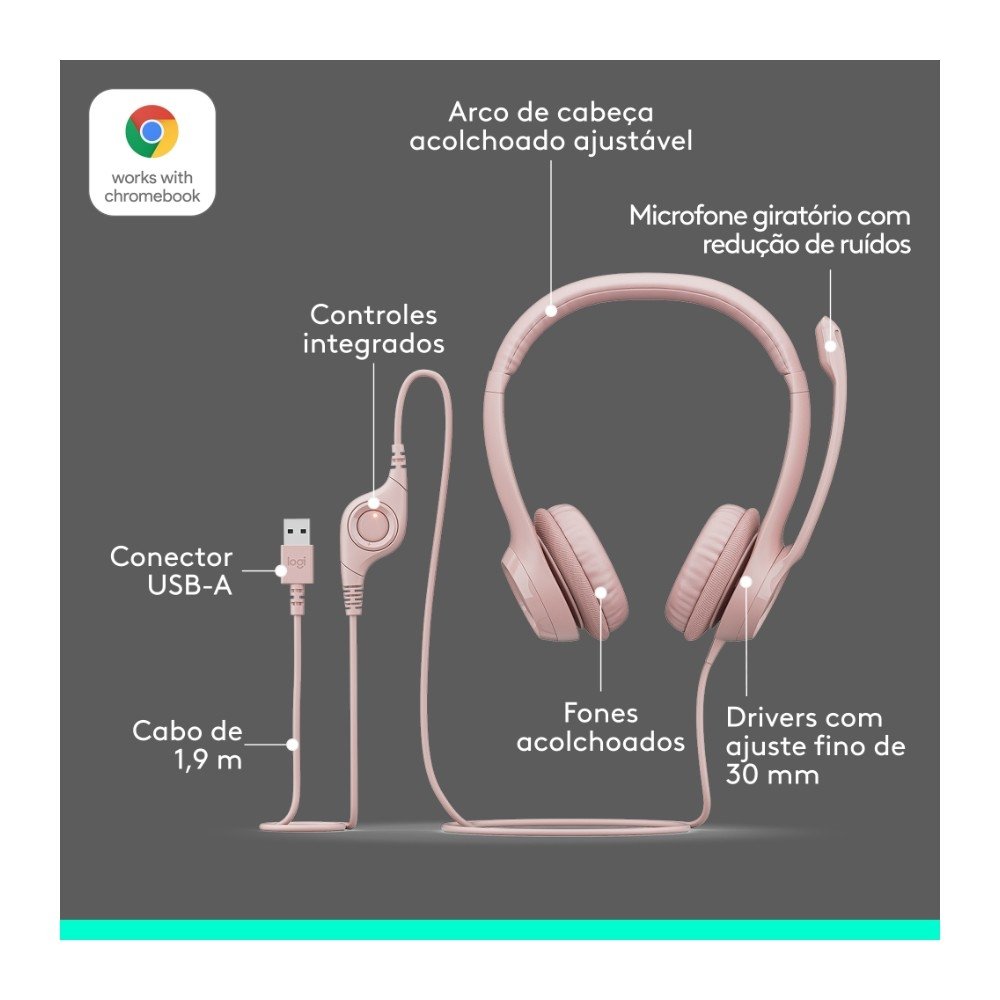 Headset ( Balão.info) H390, USB, com Almofadas, Controles de Áudio Integrado, Microfone com Redução de Ruído, Rosa - 981-( Balão.info - foto 7