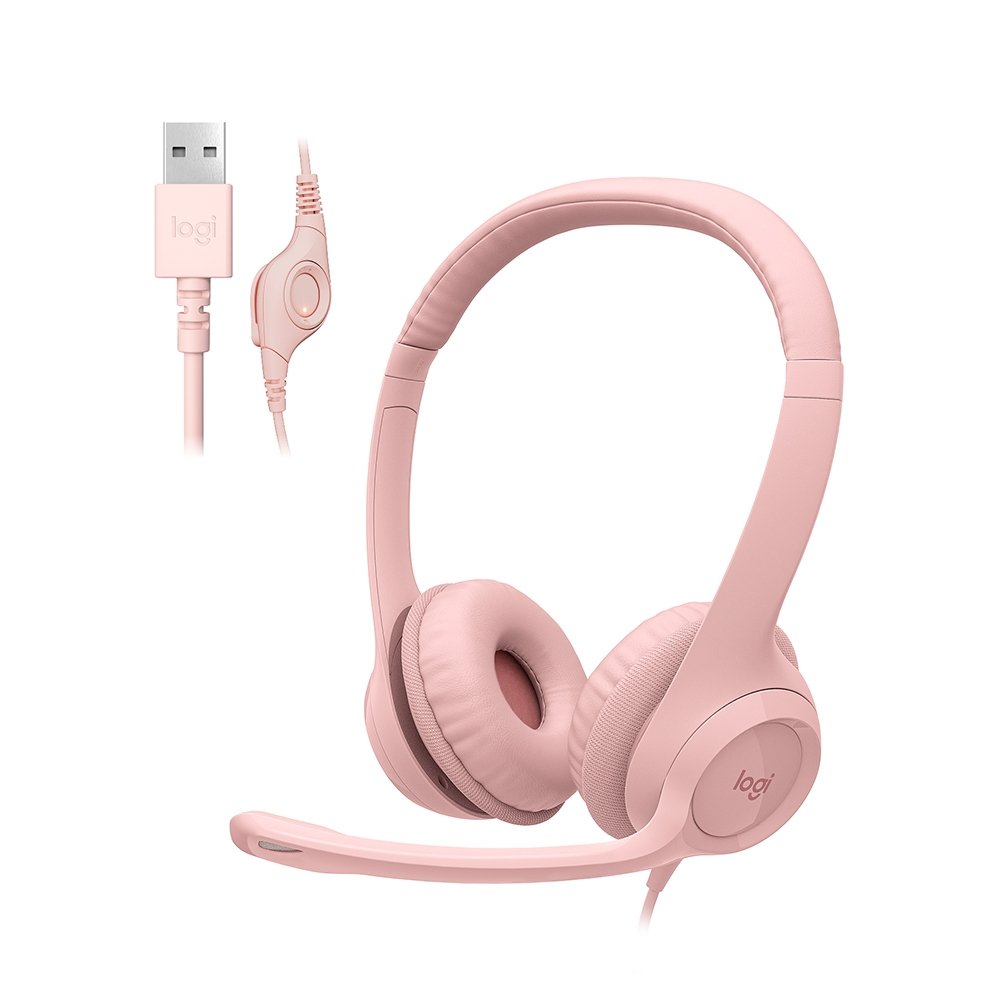 Headset Logitech H390, USB, com Almofadas, Controles de Áudio Integrado, Microfone com Redução de Ruído, Rosa - 981-001280