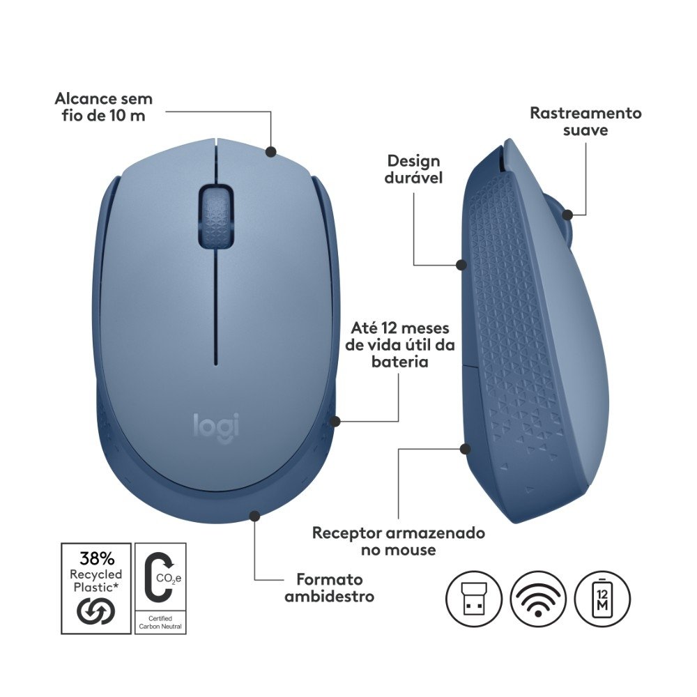 Imagem 8 de 10 do produto Mouse Sem Fio Logitech M170, Wireless, Azul - 910-006863