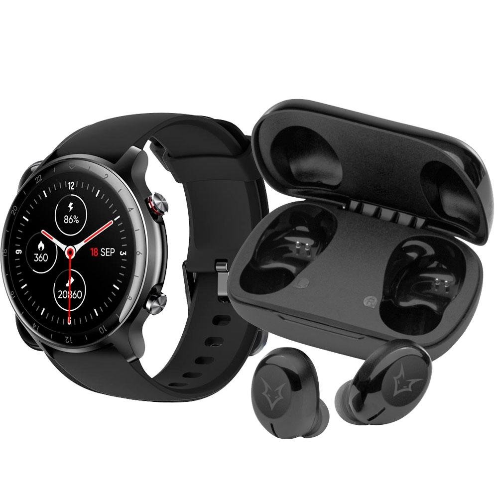 SmartWatch Husky Sports 700, Preto, Pulseira Extra Azul Marinho, Com GPS + Fone de Ouvido Sem Fio Husky Technologies EarBuds 700, Preto