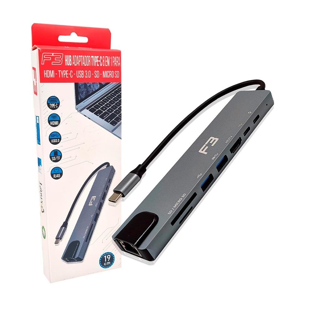 Imagem 4 de 4 do produto Hub F3 Adaptador Type-c 8 em 1, para HDMI, Type-c, USB 3.0, USB 2.0, Micro SD SDe LAN - JC-TYC-860