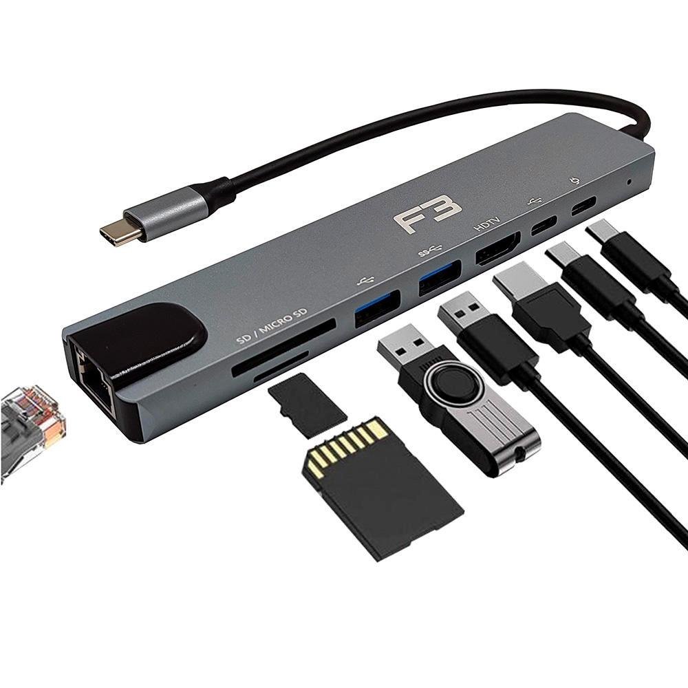 Imagem 2 de 4 do produto Hub F3 Adaptador Type-c 8 em 1, para HDMI, Type-c, USB 3.0, USB 2.0, Micro SD SDe LAN - JC-TYC-860