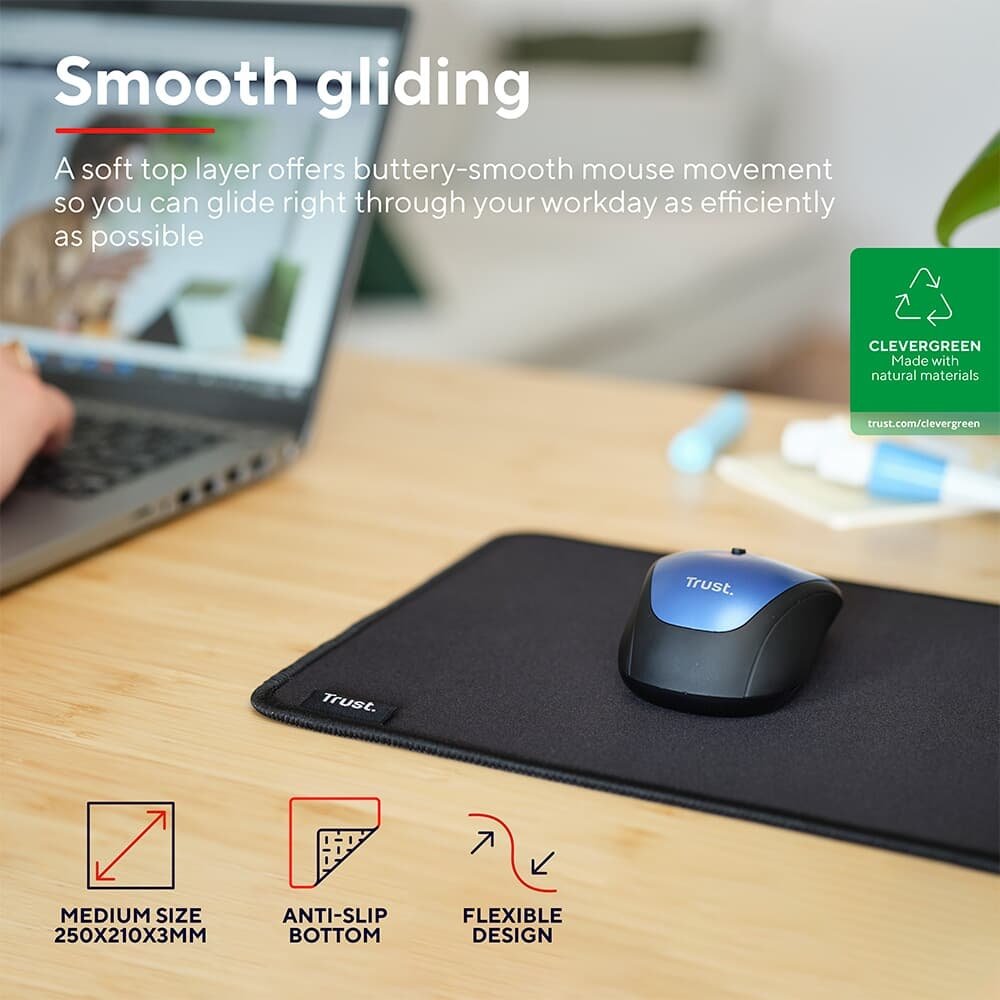 Imagem 7 de 11 do produto Mousepad Trust Boye Médio (250x210mm), Bordas Costuradas, Antiderrapante, Preto - 24743