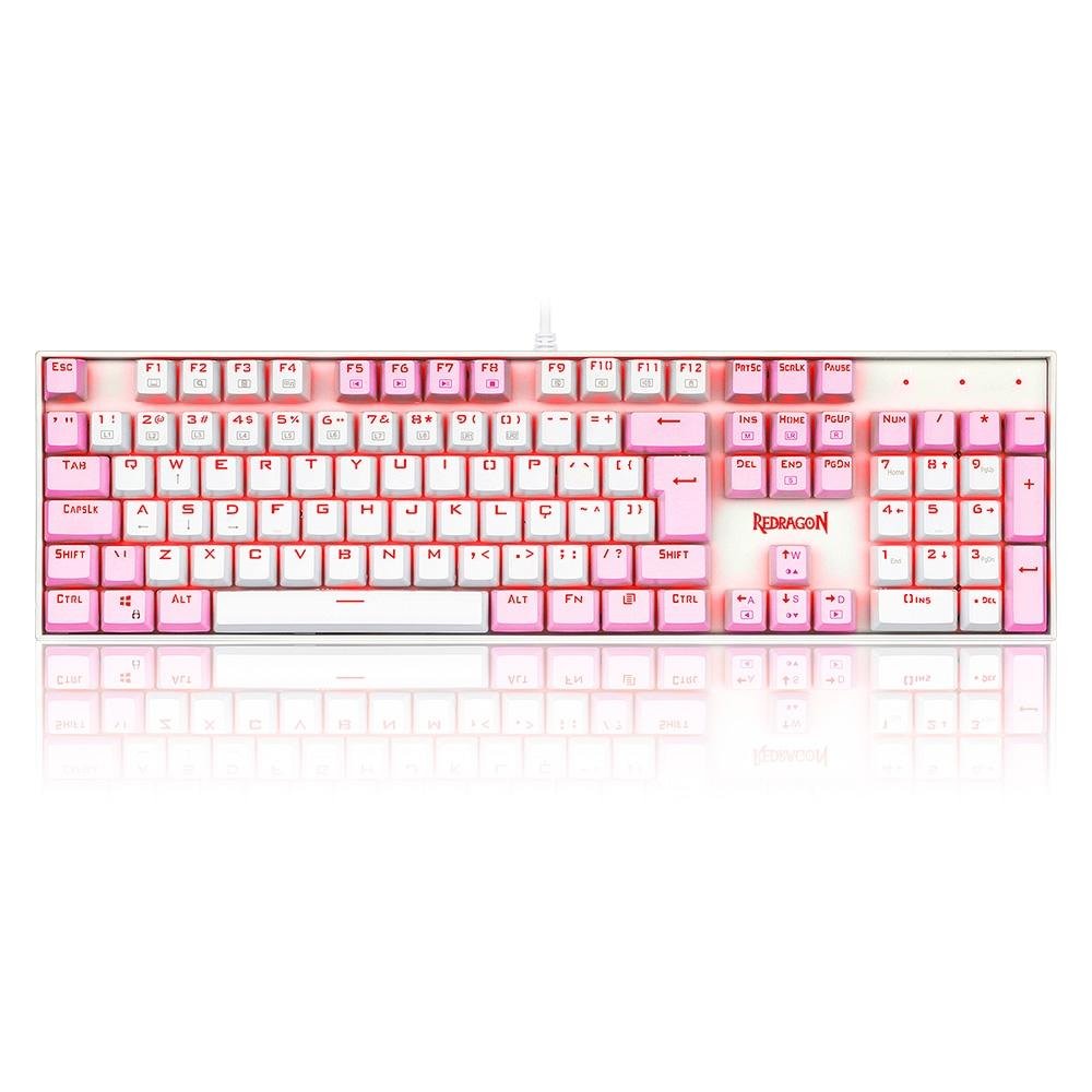 Teclado Mecânico Gamer Redragon Single Color Mitra, Switch Blue, ABNT2, Branco e Rosa - K551WP (PT-BLUE) Teclado Mecânico Gamer Redragon Single Color Mitra, Switch Blue, ABNT2, Branco e Rosa - K551WP (PT-BLUE)
