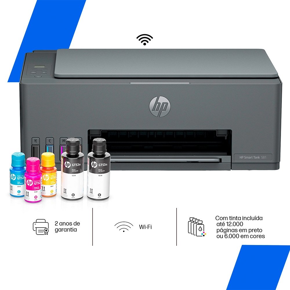 Impressora Multifuncional Tanque de Tinta HP Smart Tank  581 Colorida Wi-Fi (4A8D5A#AK4)
