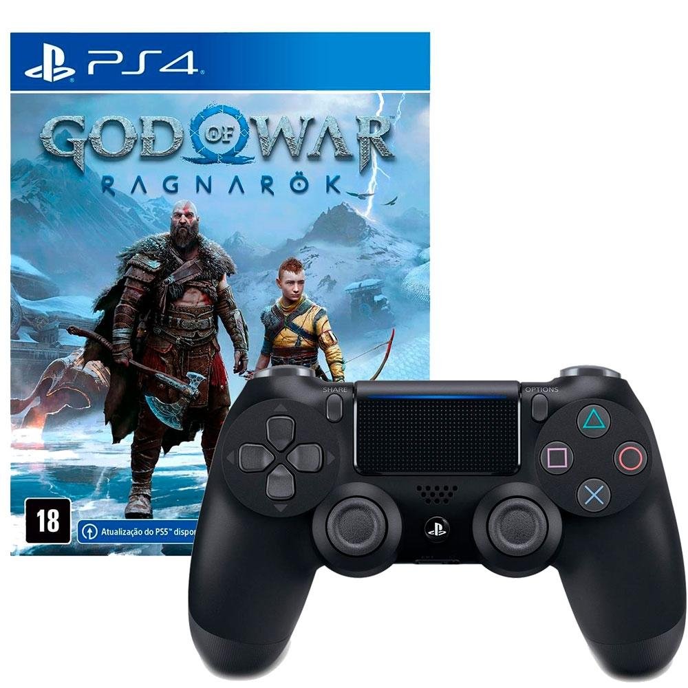 Controle Sony Dualshock 4 PS4, Sem Fio, Preto + Jogo God of War Ragnarök, Edição Standard, PS4