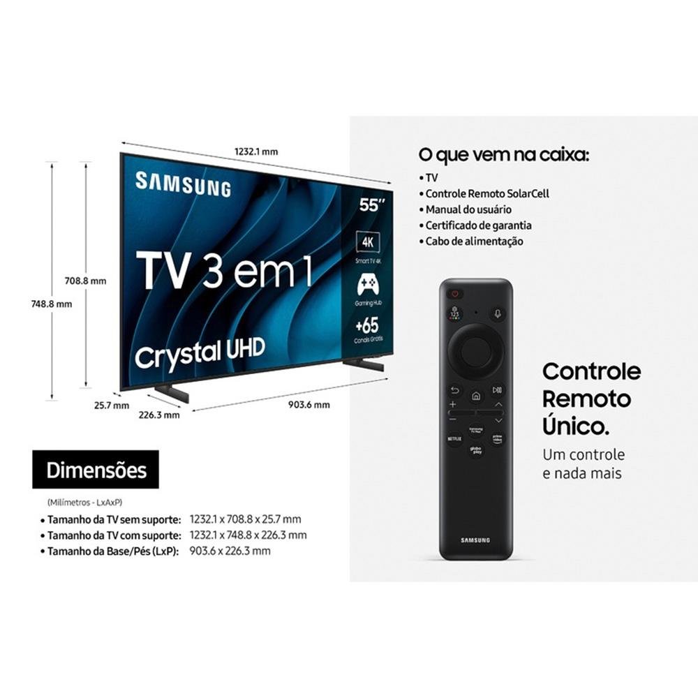 Imagem 7 de 13 do produto Smart TV 55 Polegadas Samsung Crystal UHD 4K, 3 HDMI, 2 USB, Bluetooth, Wi-Fi, Gaming Hub, Tela sem limites, Alexa built in - UN55CU8000GXZD