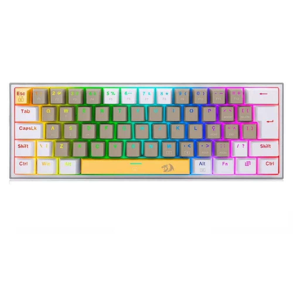 Imagem 4 de 4 do produto Teclado Mecânico Gamer Redragon Fizz, RGB, Switch Brown, Layout 60%, USB, ABNT2, Amarelo, Cinza e Branco - K617RGB-YLEGYEWT (PT-BROWN)