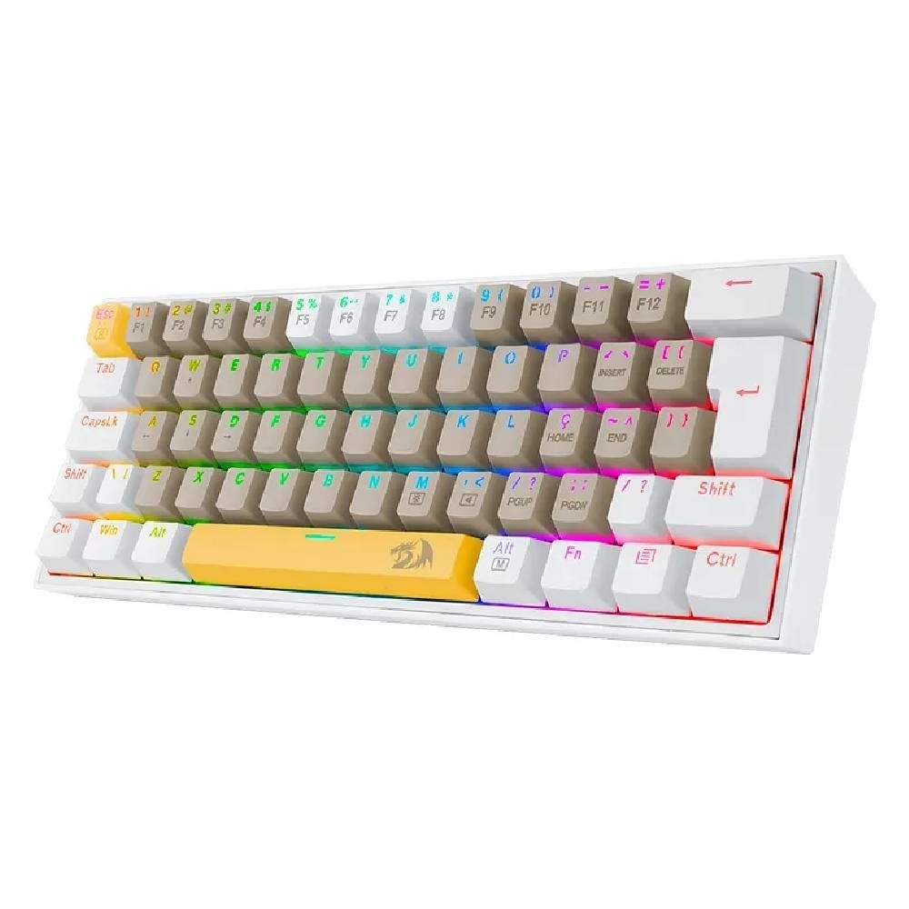 Imagem 2 de 4 do produto Teclado Mecânico Gamer Redragon Fizz, RGB, Switch Brown, Layout 60%, USB, ABNT2, Amarelo, Cinza e Branco - K617RGB-YLEGYEWT (PT-BROWN)