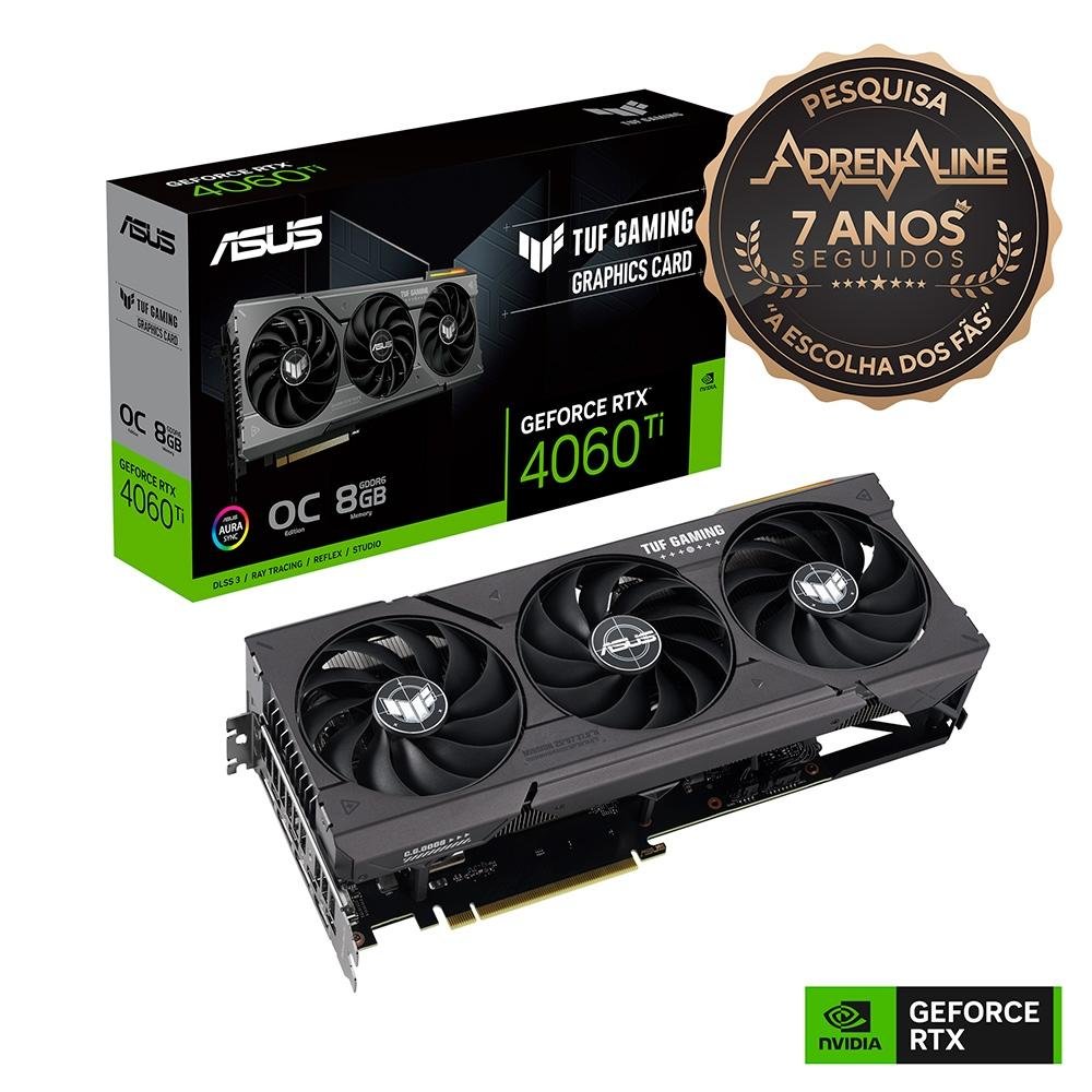 Imagem 2 de 23 do produto Placa de Vídeo RTX 4060 Ti OC Edition Asus TUF Gaming NVIDIA GeForce, 8GB, GDDR6, ARGB, DLSS - TUF-RTX4060TI-O8G-GAMING