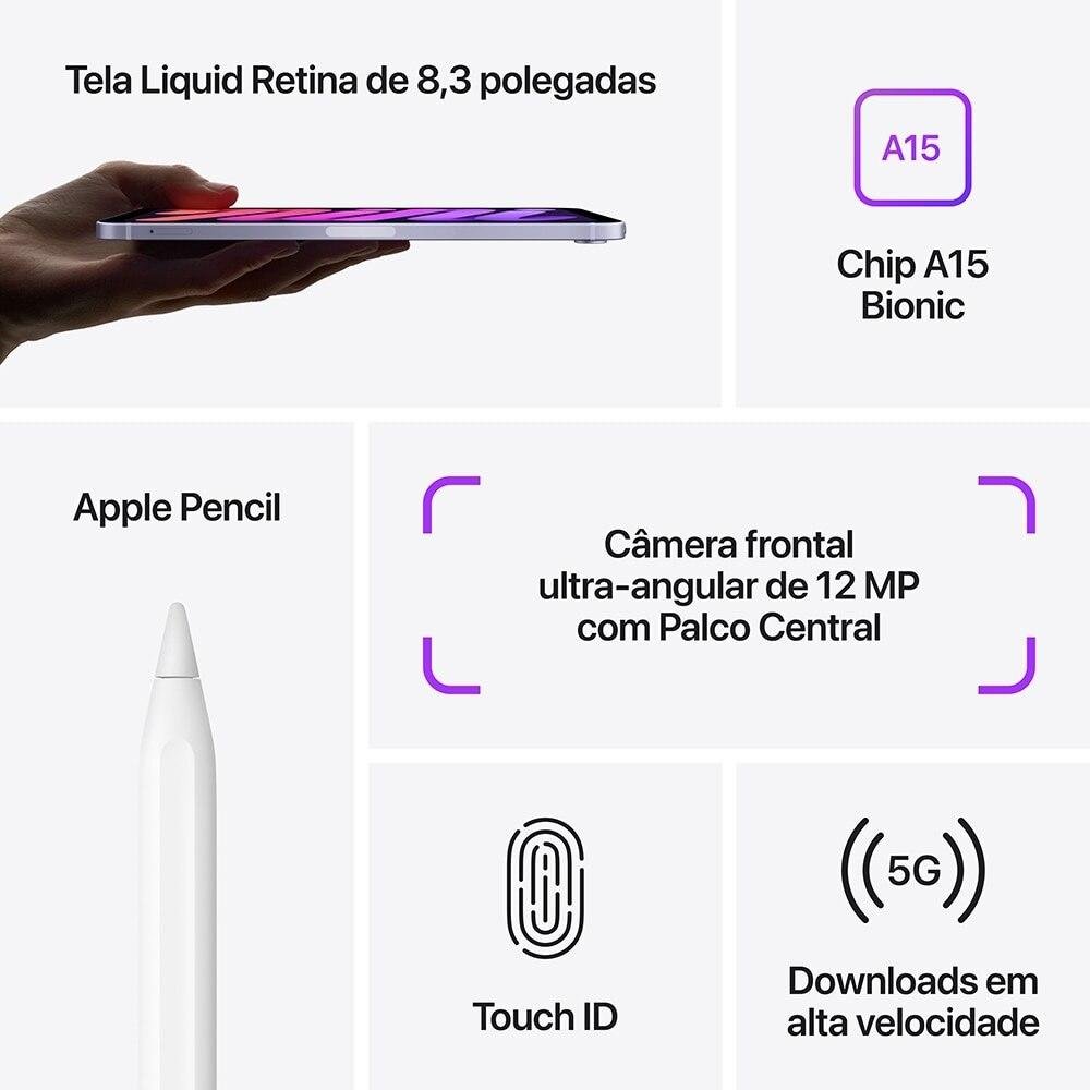 iPad Mini Apple 6ª Geração, Tela 8,3", 64GB, Chip A15 Bionic, Wi-Fi, Câmera Traseira 12MP, Cinza Espacial - MK7M3BZ/A