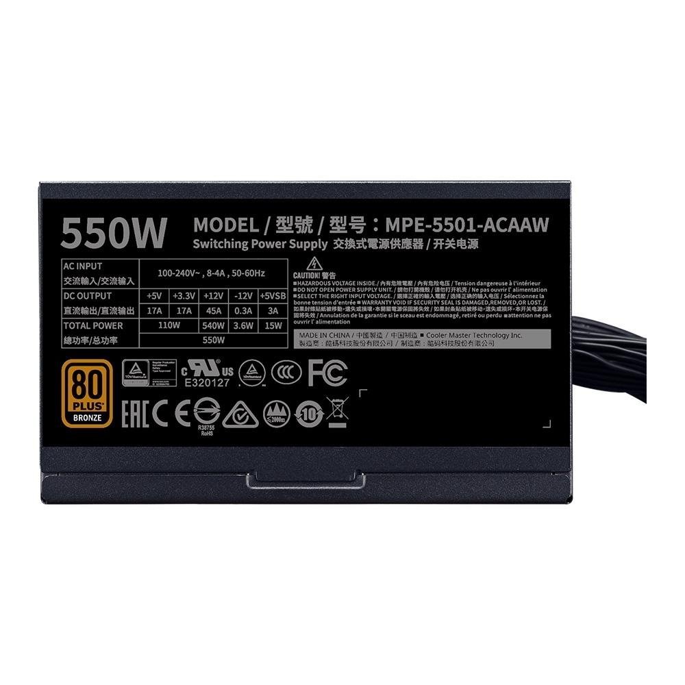Fonte Cooler Master MWE Bronze V2 Full Range, 550W, 80 Plus Bronze, PFC Ativo, Com Cabo, Preto - MPE-5501-ACAAW-BBR Fonte Cooler Master MWE Bronze V2 Full Range, 550W, 80 Plus Bronze, PFC Ativo, Com Cabo, Preto - MPE-5501-ACAAW-BBR