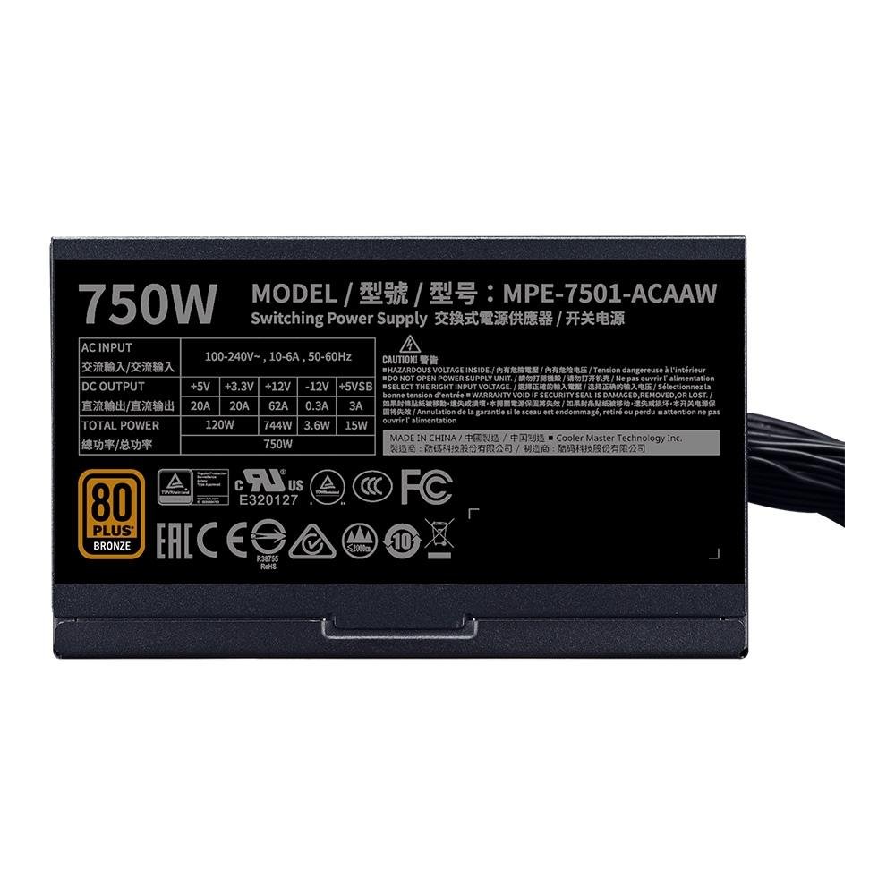 Fonte Cooler Master MWE Bronze V2 Full Range, 750W, 80 Plus Bronze, PFC Ativo, Sem Cabo, Preto - MPE-7501-ACAAW-BBR Fonte Cooler Master MWE Bronze V2 Full Range, 750W, 80 Plus Bronze, PFC Ativo, Sem Cabo, Preto - MPE-7501-ACAAW-BBR