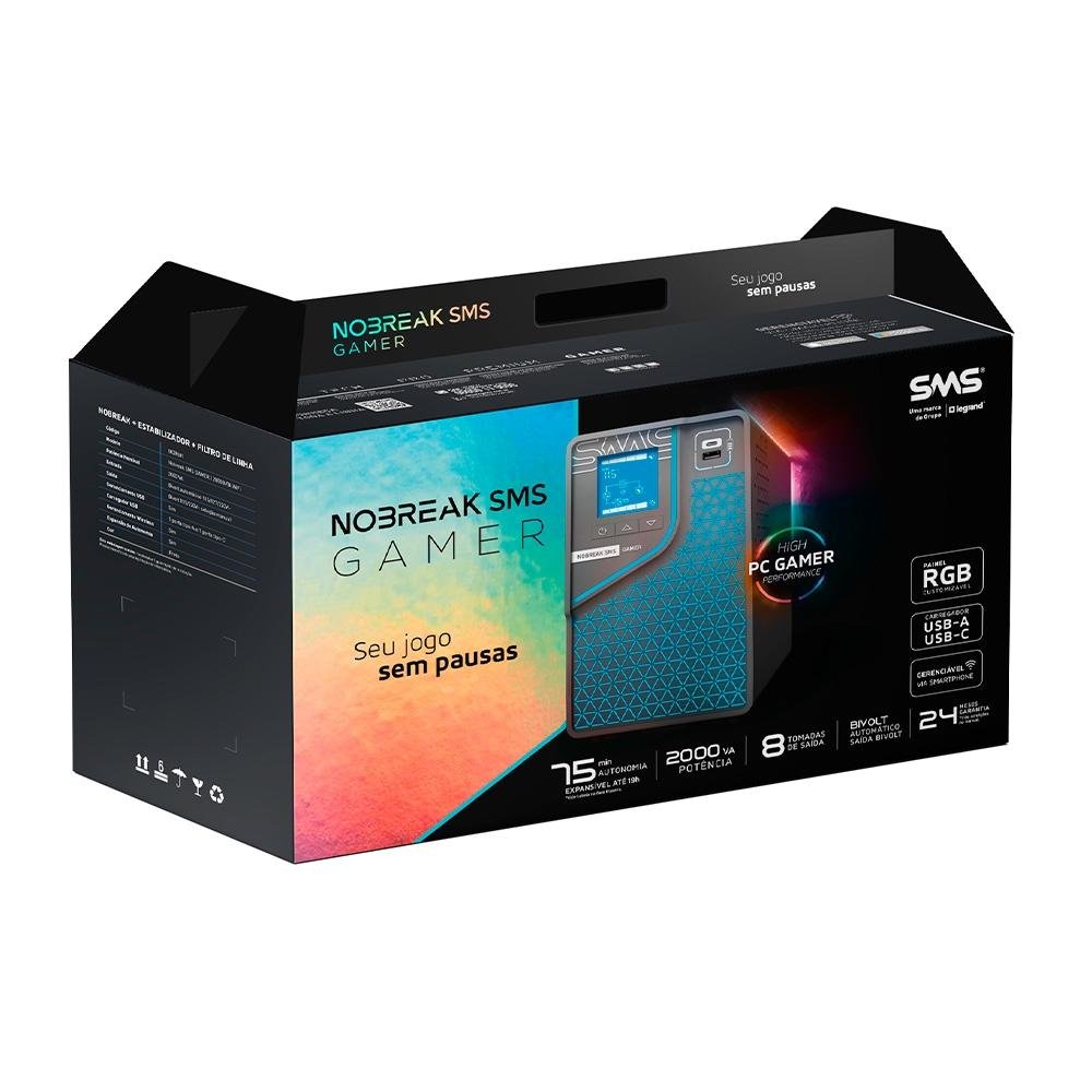 Nobreak SMS Gamer, 2000VA, Senoidal, 8 Tomadas, WiFi, Entrada e Saida Bivolt- 29601 - view 4