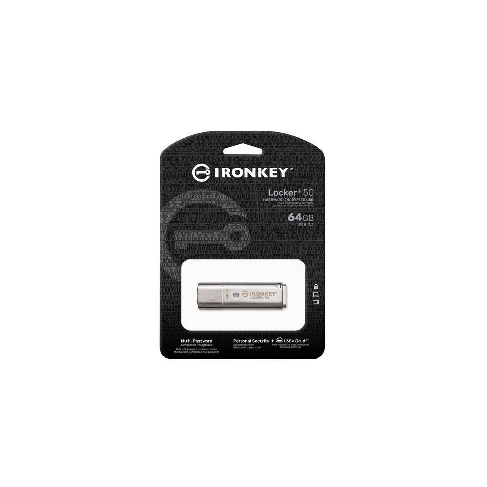 Imagem 5 de 5 do produto Pen Drive 64GB Kingston IronKey Locker+ 50, USB 3.2, com Criptografia, Prata - IKLP50/64GB