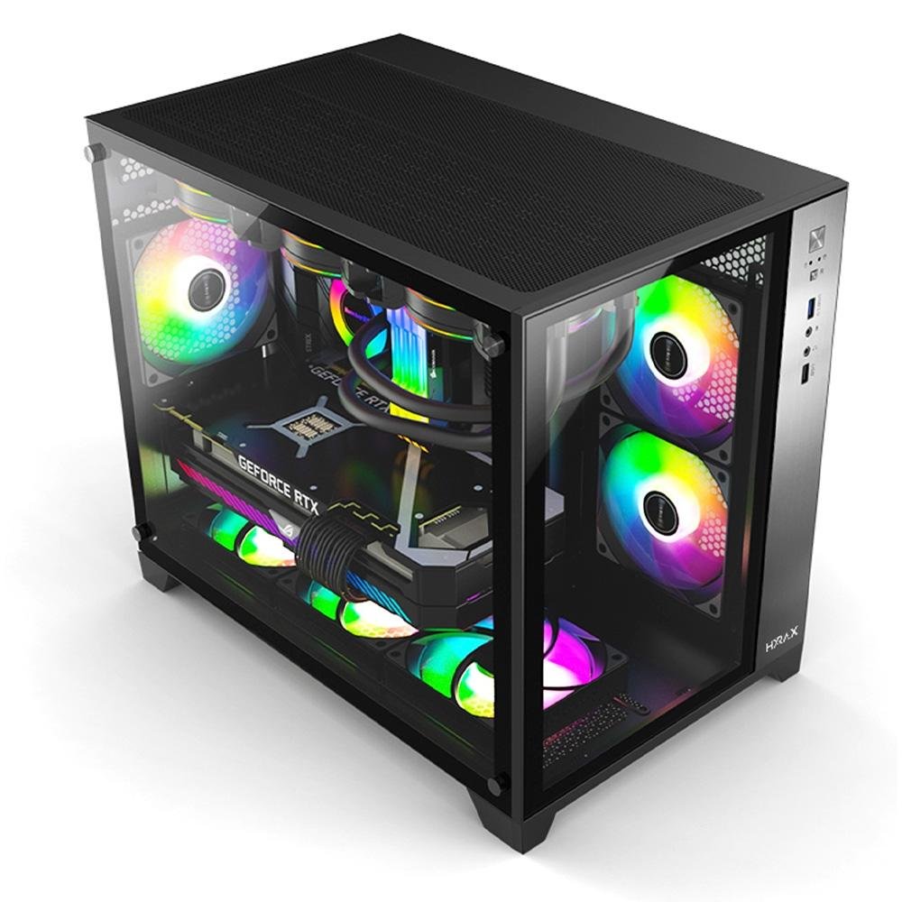Imagem 2 de 9 do produto Gabinete Gamer Hyrax HGB710, Mini Tower, M-ATX, Frontal e Lateral Em Vidro Temperado, Sem FANs, Preto - HGB710B