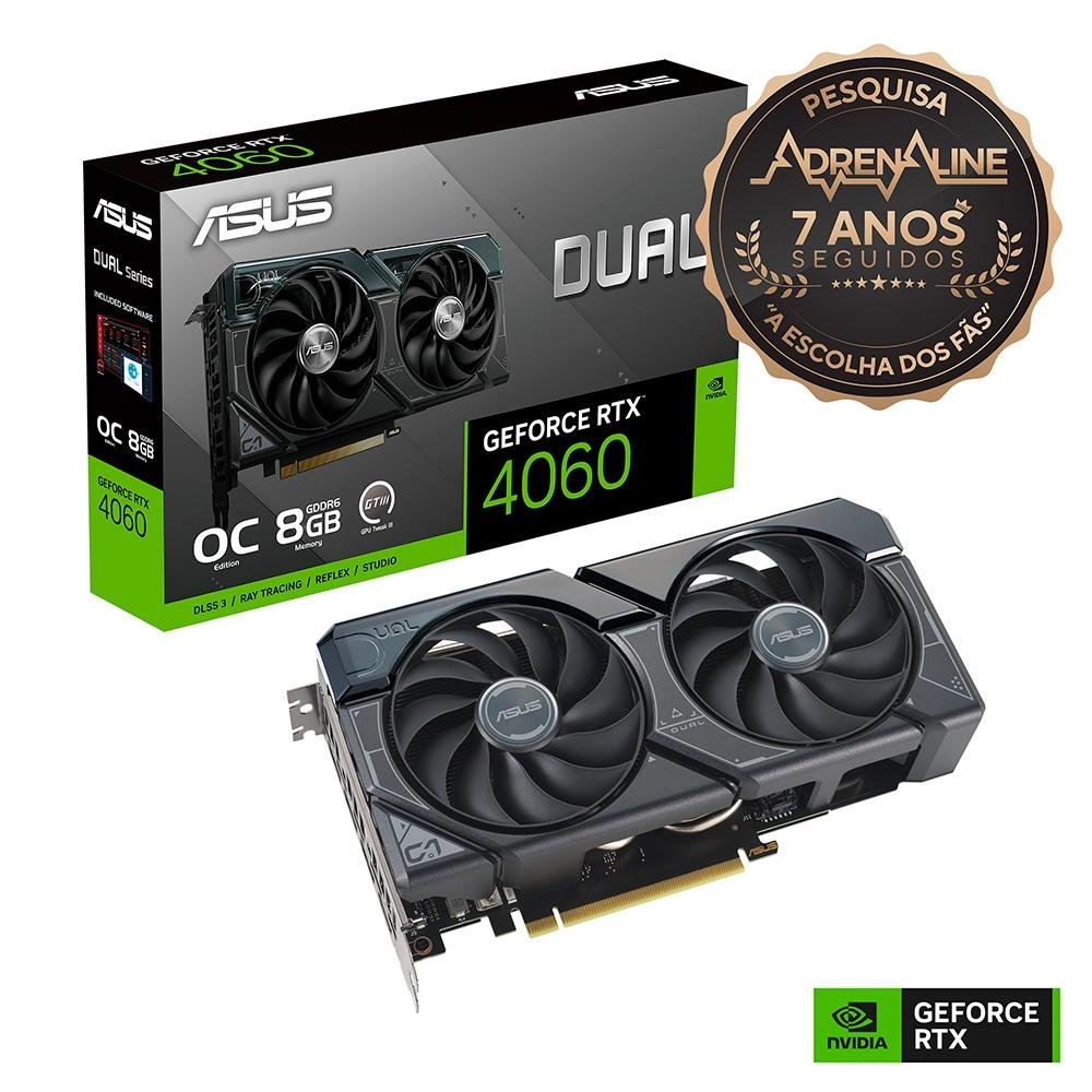 Placa de Vídeo RTX 4060 OC Edition Dual ASUS NVIDIA GeForce, 8GB, GDDR6, DLSS, Ray Tracing - DUAL-RTX4060-O8G