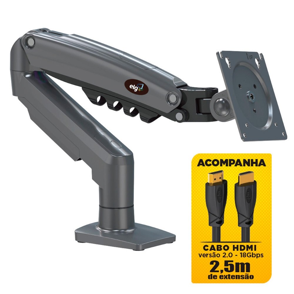 Suporte de Mesa Articulado para Monitor de 17 a 35 ELG, com Pistão a Gás e Cabo HDMI 2.0, VESA, Grafite - F98HDMI - view 2