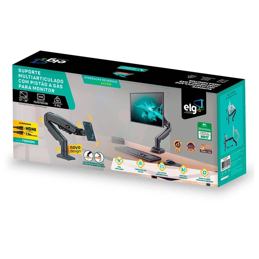 Suporte de Mesa Articulado para Monitor de 17 a 35 ELG, com Pistão a Gás e Cabo HDMI 2.0, VESA, Grafite - F98HDMI - view 5