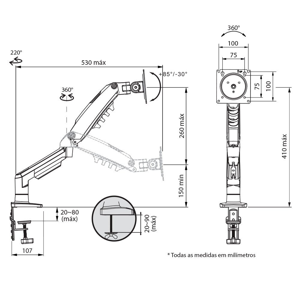 Suporte de Mesa Articulado para Monitor de 17 a 35 ELG, com Pistão a Gás e Cabo HDMI 2.0, VESA, Grafite - F98HDMI - view 6