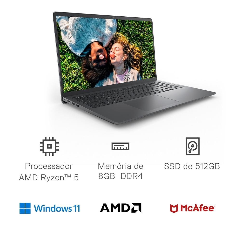 Notebook Dell Inspiron 15 AMD Ryzen 5 5500U, 8GB RAM, SSD 512GB, 15.6" FHD, Win 11, Preto - I15-a0505-A20P Notebook Dell Inspiron 15 AMD Ryzen 5 5500U, 8GB RAM, SSD 512GB, 15.6" FHD, Win 11, Preto - I15-a0505-A20P