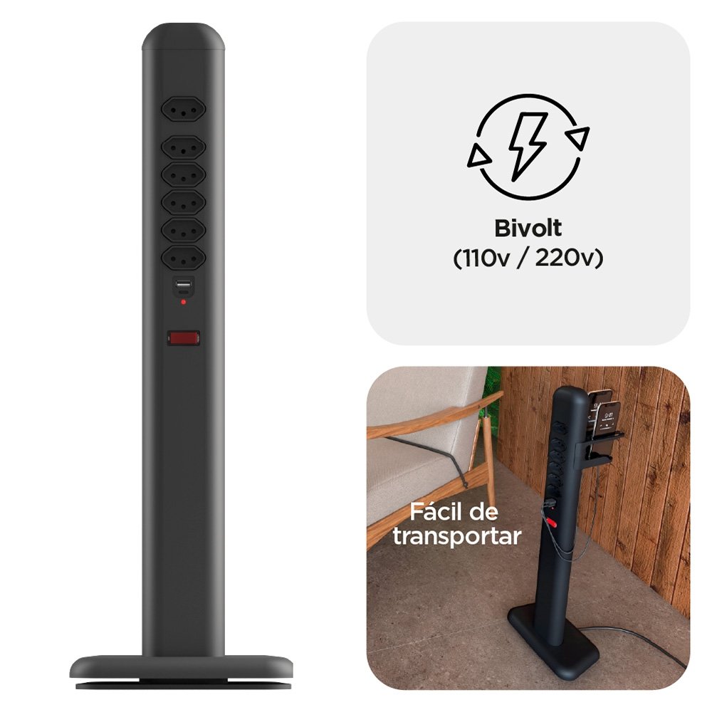 Extensão Elétrica Octoo Totem Easy Plug, 6 Tomadas, 1 USB, 1 USB-C, Suporte para Smartphone, Preto, Bivolt - 9757