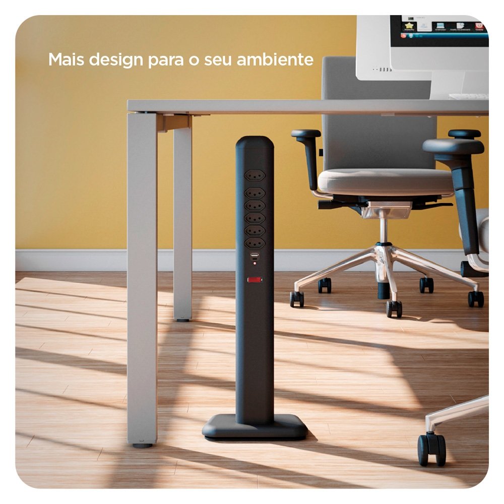 Extensão Elétrica Octoo Totem Easy Plug, 6 Tomadas, 1 USB, 1 USB-C, Suporte para Smartphone, Preto, Bivolt - 9757