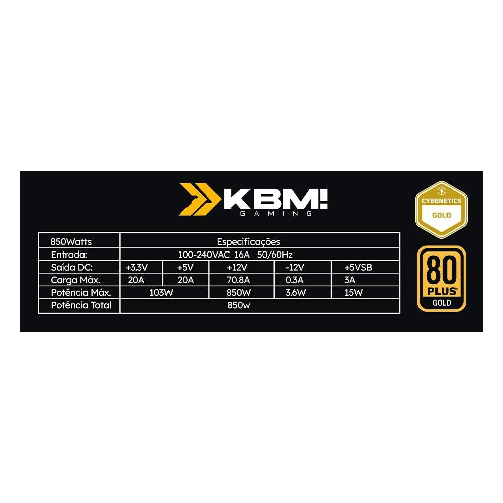 Imagem 6 de 6 do produto Fonte KBM! GAMING FN850, 850W, 80 Plus Gold, Cybenetics Gold, Full Modular, PFC Ativo, Com Cabo, Preto - KGFN85085PT