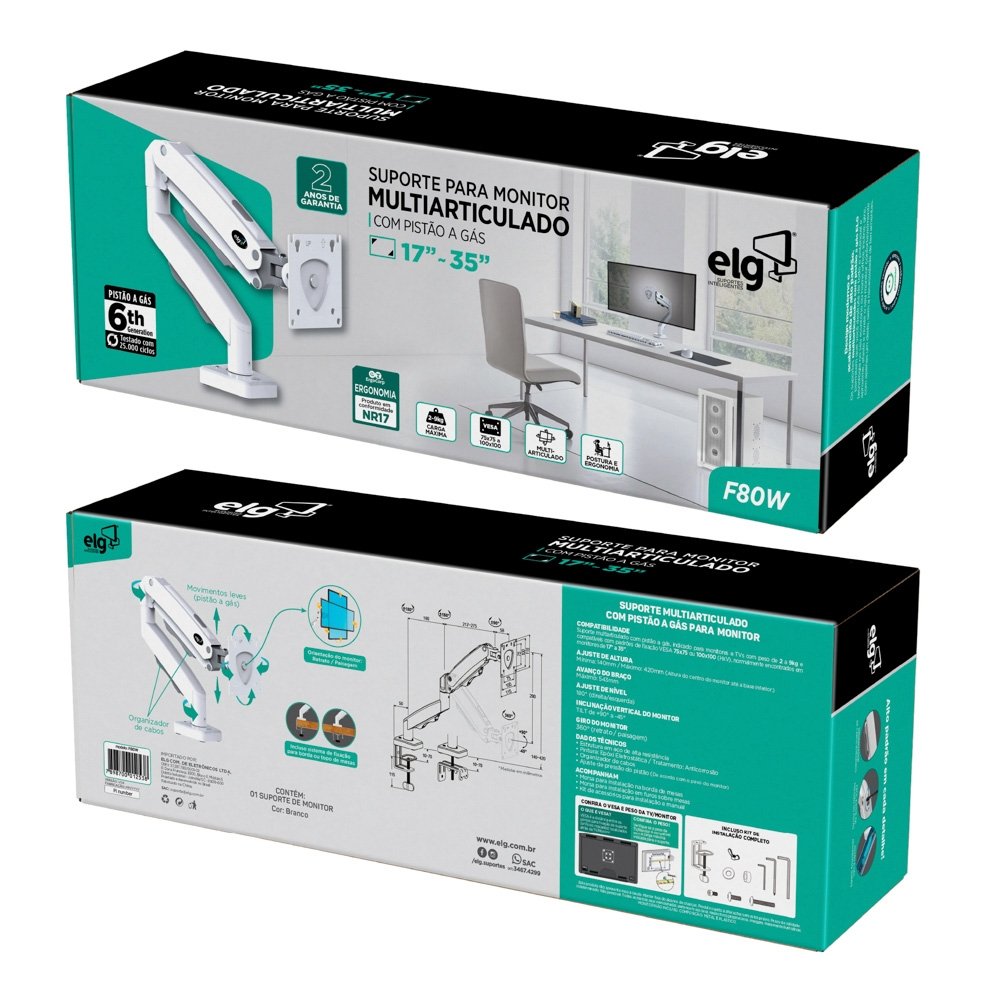 Imagem 11 de 12 do produto Suporte de Mesa Articulado para Monitor de 17" a 35" ELG, com Pistão a Gás, Branco - F80W