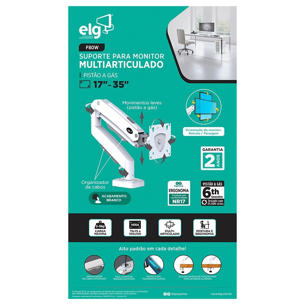 Imagem 12 de 12 do produto Suporte de Mesa Articulado para Monitor de 17" a 35" ELG, com Pistão a Gás, Branco - F80W