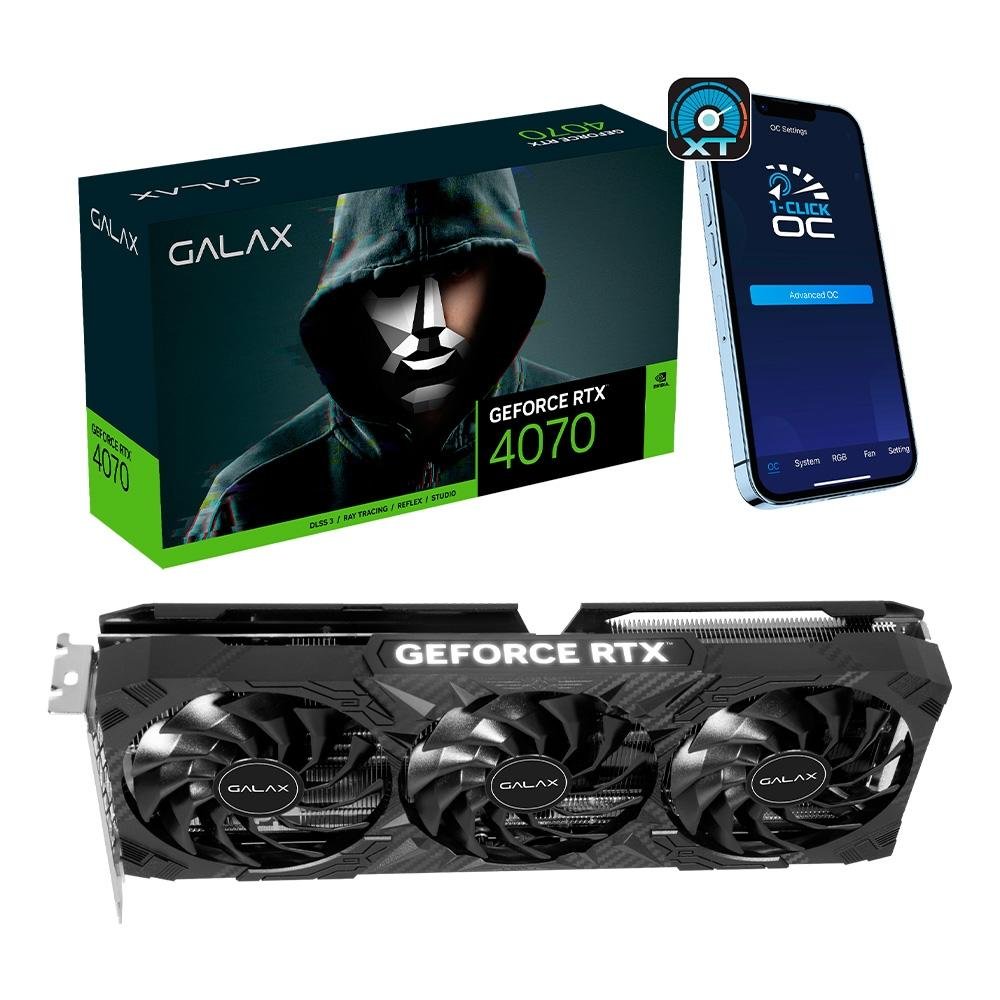 Imagem 7 de 8 do produto Placa de Vídeo RTX 4070 1-Click OC 3X Black PCI-E Galax NVIDIA GeForce, 12GB GDDR6X, DLSS, G-Sync, Ray Tracing, 192 bits - 47NOM7MD7QOC