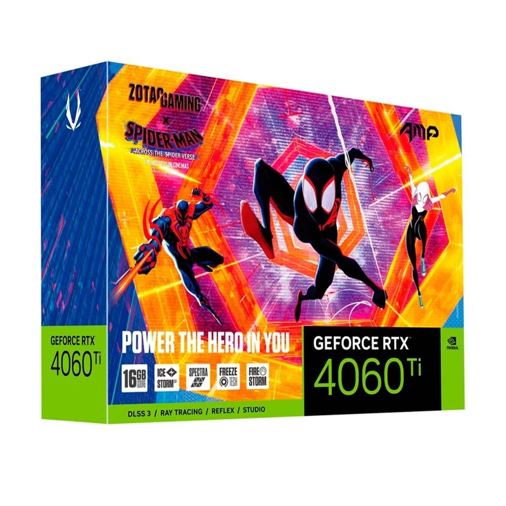 Imagem 9 de 10 do produto Placa de Vídeo RTX 4060 TI AMP Spiderman ED Gaming Zotac NVIDIA GeForce, 16GB, GDDR6, 128bit, HDCP, Three DP, HDMI - ZT-D40620F-10SMP