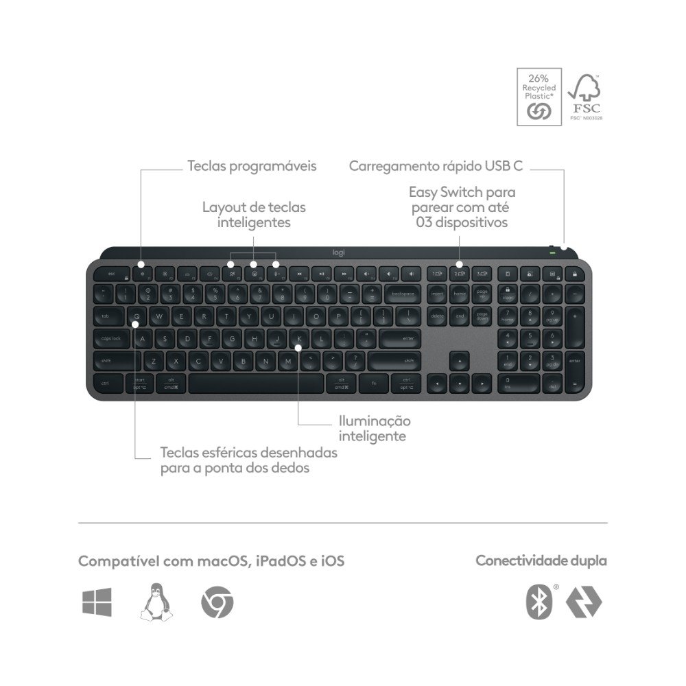 Teclado Sem Fio Logitech MX Keys S, Com Iluminação Inteligente, Bluetooth ou USB, Logi Bolt e Bateria Recarregável, Grafite - 920-011563 - view 6