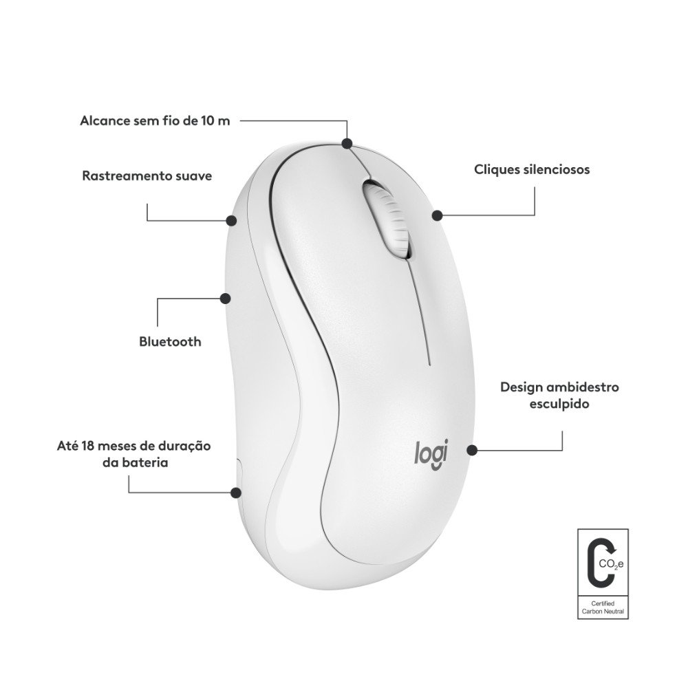 Imagem 7 de 8 do produto Mouse Sem Fio Logitech M240, Bluetooth, Clique Silencioso, Design Ambidestro Compacto, Branco - 910-007116
