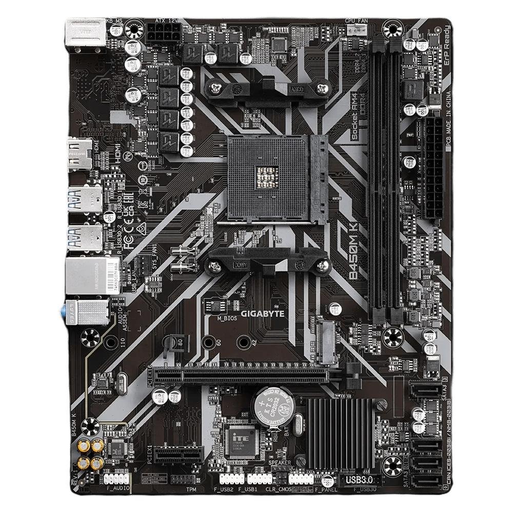 Placa-Mãe Gigabyte B450M K, AMD AM4, mATX, DDR4, Preto - B450M K Placa-Mãe Gigabyte B450M K, AMD AM4, mATX, DDR4, Preto - B450M K