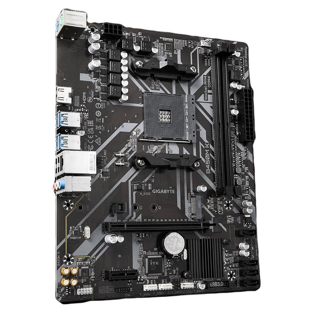 Placa-Mãe Gigabyte B450M K, AMD AM4, mATX, DDR4, Preto - B450M K Placa-Mãe Gigabyte B450M K, AMD AM4, mATX, DDR4, Preto - B450M K