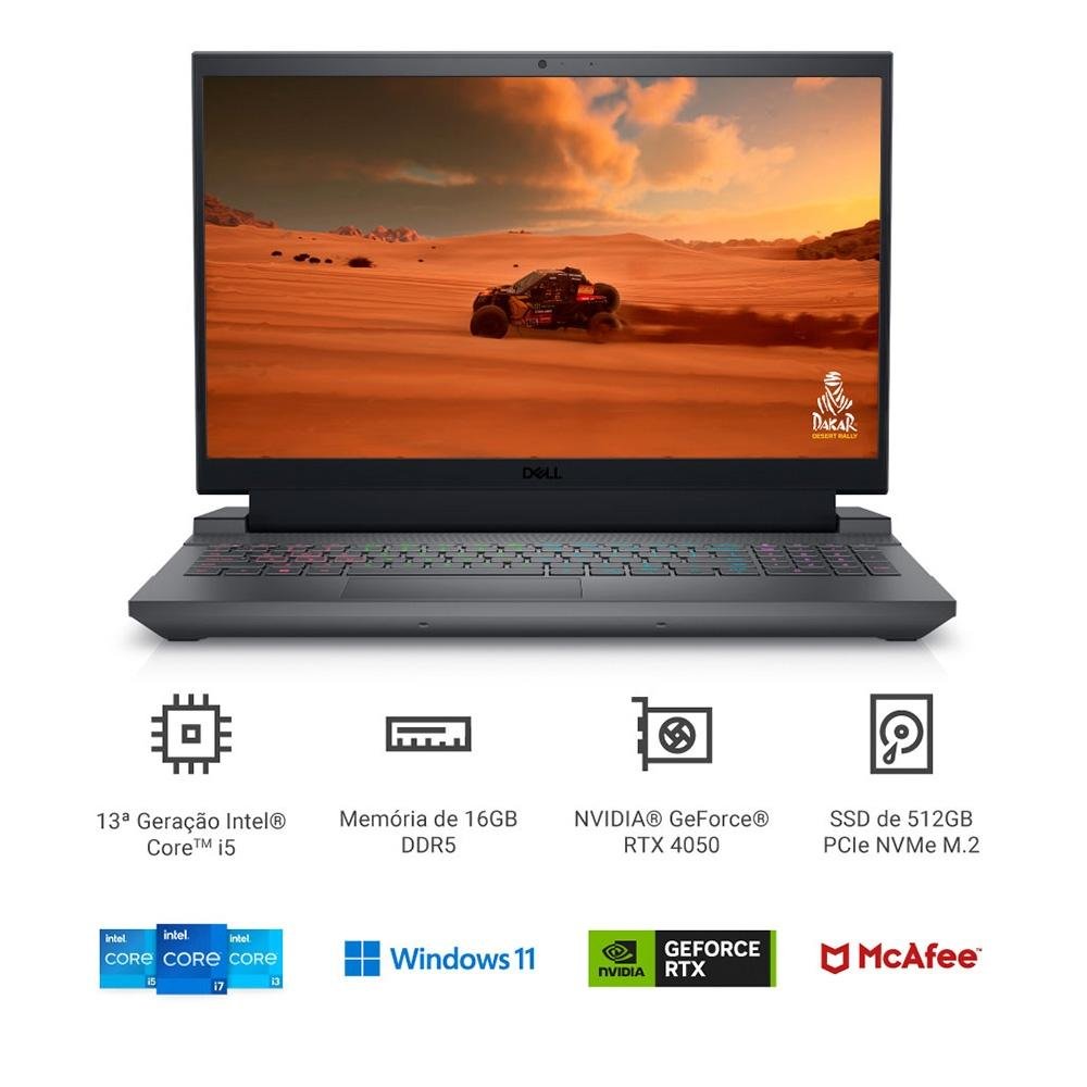 Notebook Gamer Dell G15 Intel Core i5-13450HX, 16GB RAM, GeForce RTX 4050 6GB, SSD 512GB, 15.6 Full HD 120Hz, Windows 11, Preto - G15-i1300-A40P Notebook Gamer Dell G15 Intel Core i5-13450HX, 16GB RAM, GeForce RTX 4050 6GB, SSD 512GB, 15.6 Full HD 120Hz, Windows 11, Preto - G15-i1300-A40P