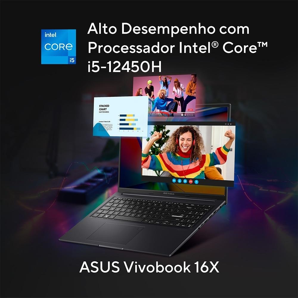 Imagem 5 de 16 do produto Notebook Gamer ASUS Vivobook 16X Intel Core I5-12450H, 8GB, SSD 512GB, 16", RTX 2050, Win 11, Preto - K3605ZF-N1198W