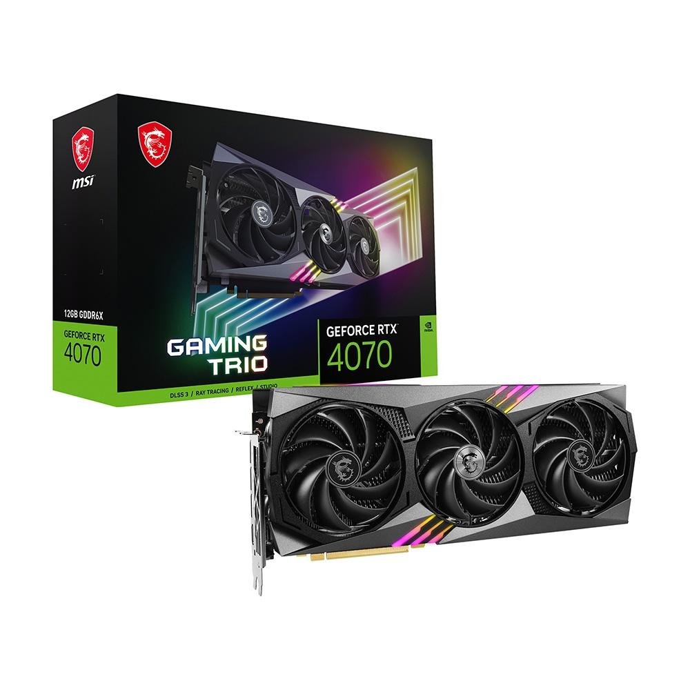 Placa de Vídeo RTX 4070 Gaming Trio 12G MSI NVIDIA GeForce, 12GB, GDDR6X, HDR, DLSS, G-Sync, Ray Tracing Placa de Vídeo RTX 4070 Gaming Trio 12G MSI NVIDIA GeForce, 12GB, GDDR6X, HDR, DLSS, G-Sync, Ray Tracing