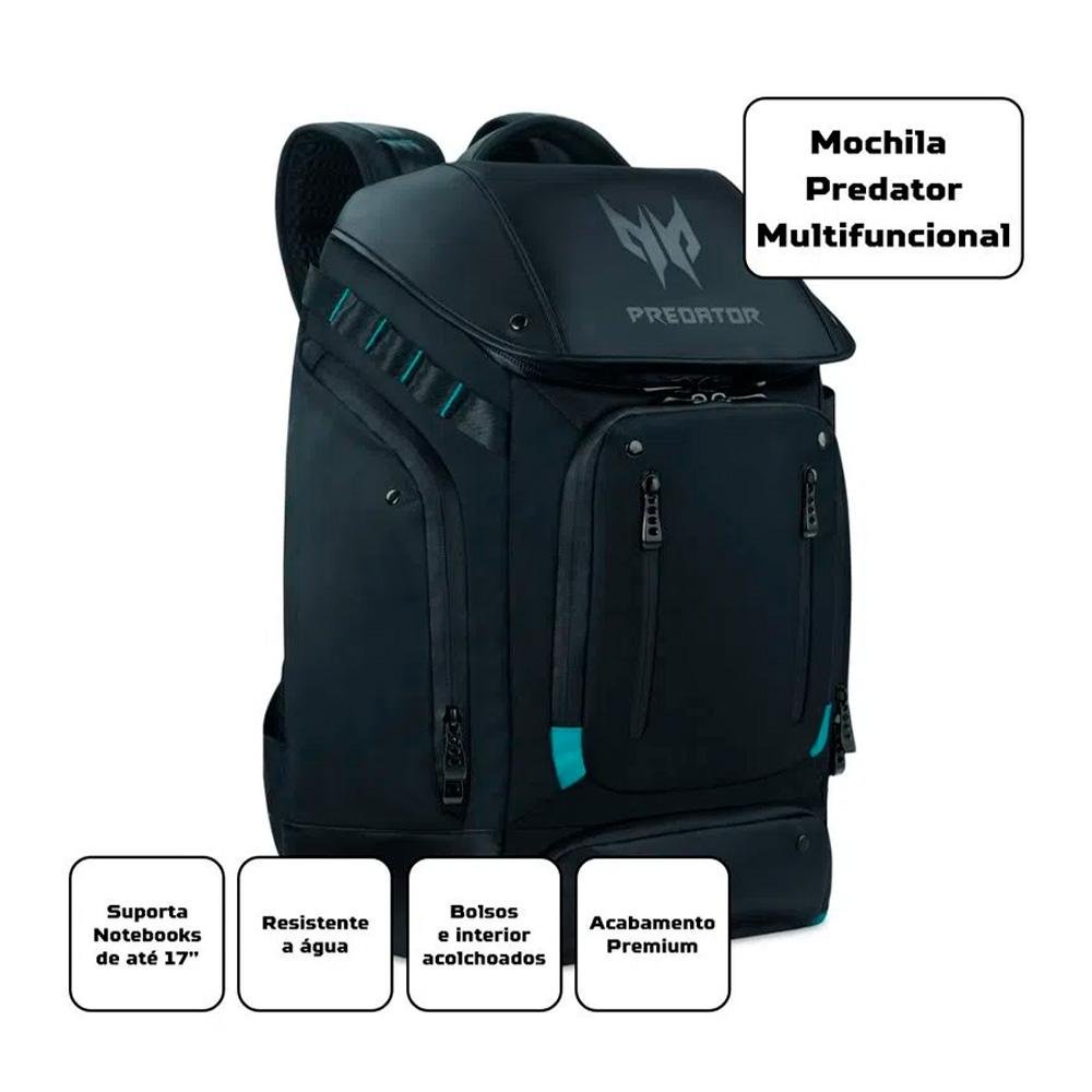 Imagem 5 de 5 do produto Mochila para Notebooks Acer Predator, Notebook até 17", Resistente a água, Interior Acolchoados, Preto e Azul - NP.BAG1A.288
